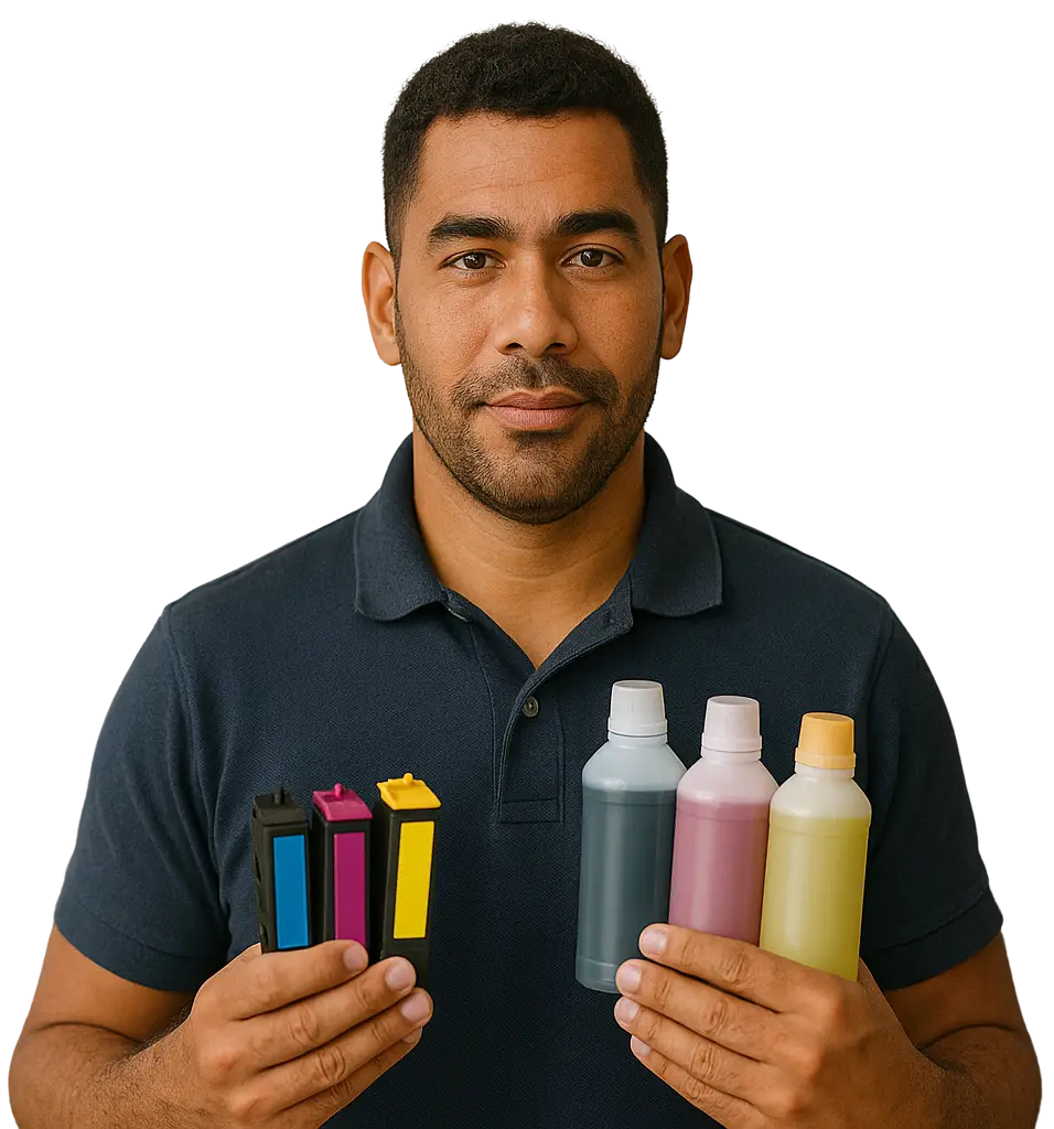[Homem com cartuchos de tinta]